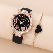 Heart Quartz Watch and Bracelet Set for Women Faux Leather Band Valentine Gift