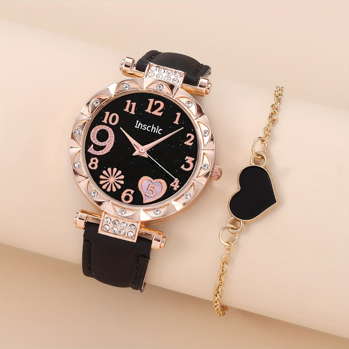 Heart Quartz Watch and Bracelet Set for Women Faux Leather Band Valentine Gift