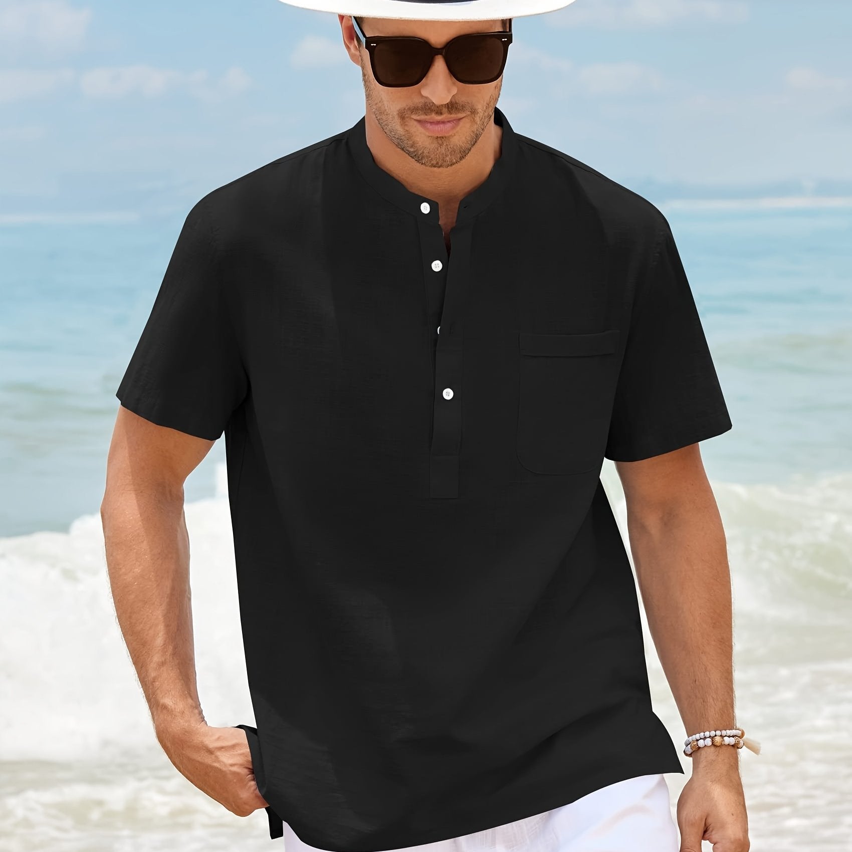 Men's Cotton Short Sleeve Shirt with Stand Collar and Pocket for Summer Beach Vacation