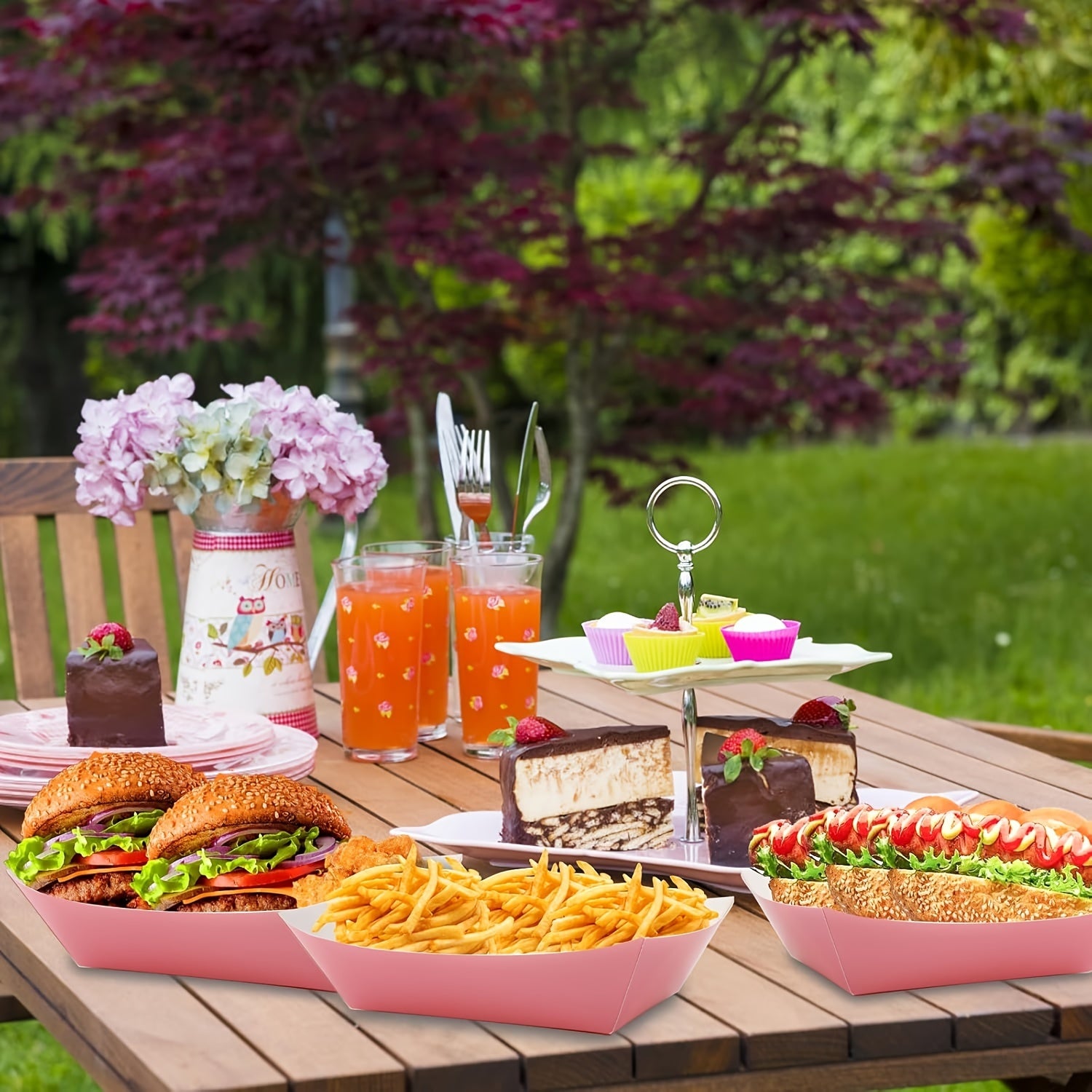 Pink Disposable Hot Dog Trays and Paper Plates Waterproof Oil Resistant for Parties Picnics and Celebrations