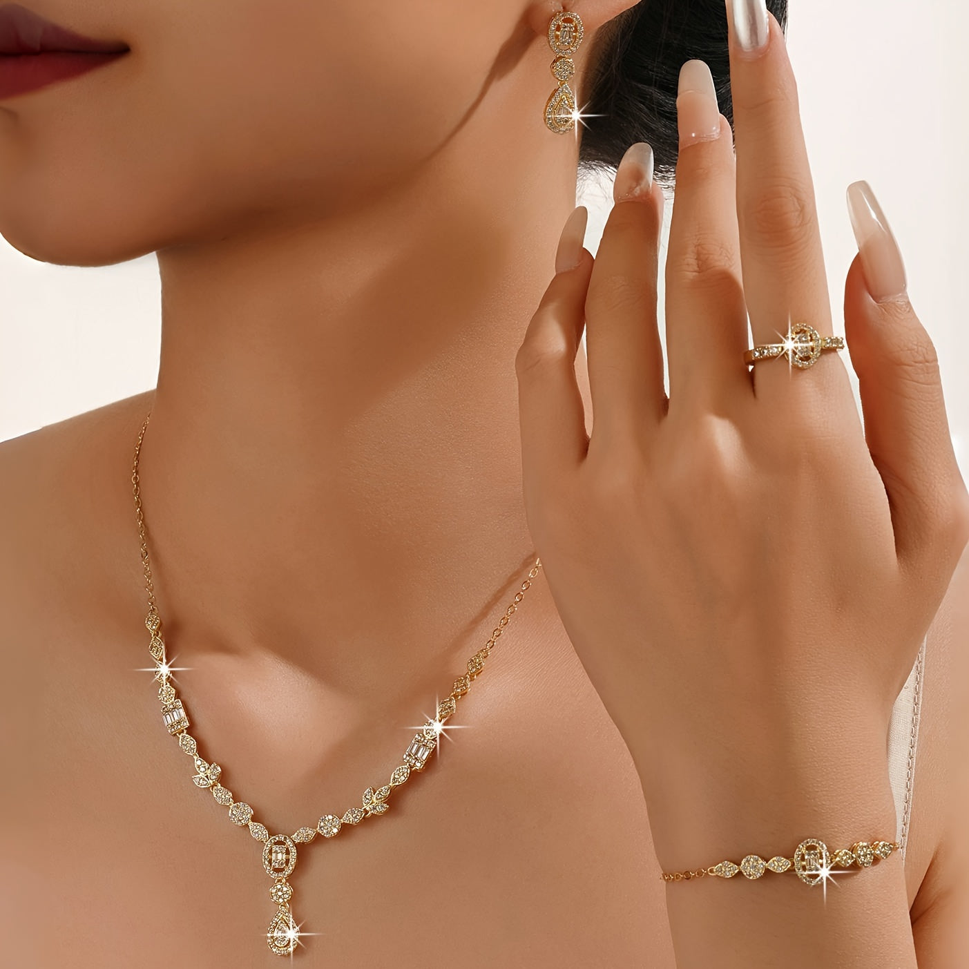 Геометрический ювелирный набор для женщин с кулоном, браслетом, серьгами и кольцом в винтажном стиле с кубическим цирконием