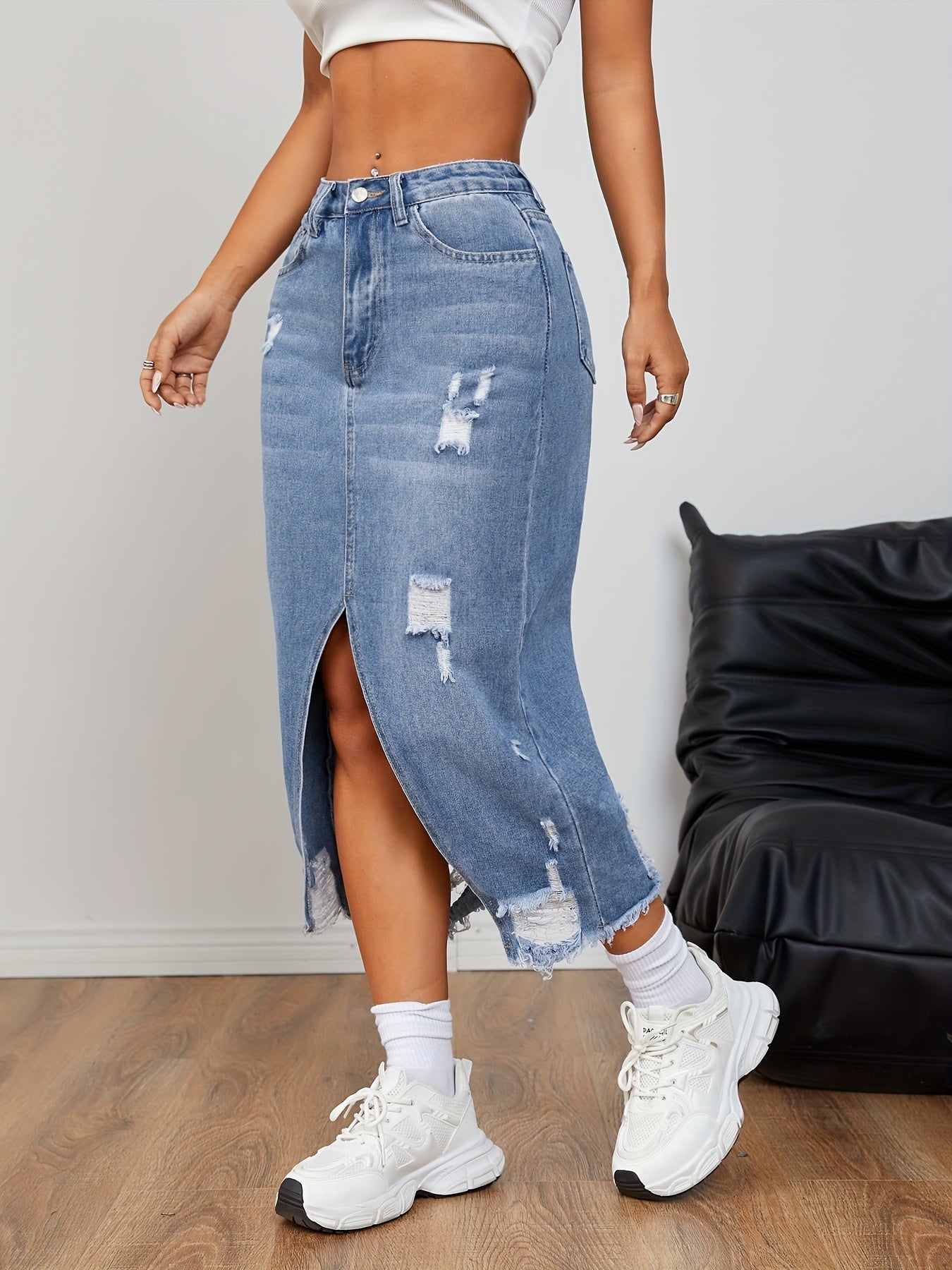 Women's Denim Skirt Casual Distressed Midi with Raw Hem and Slit