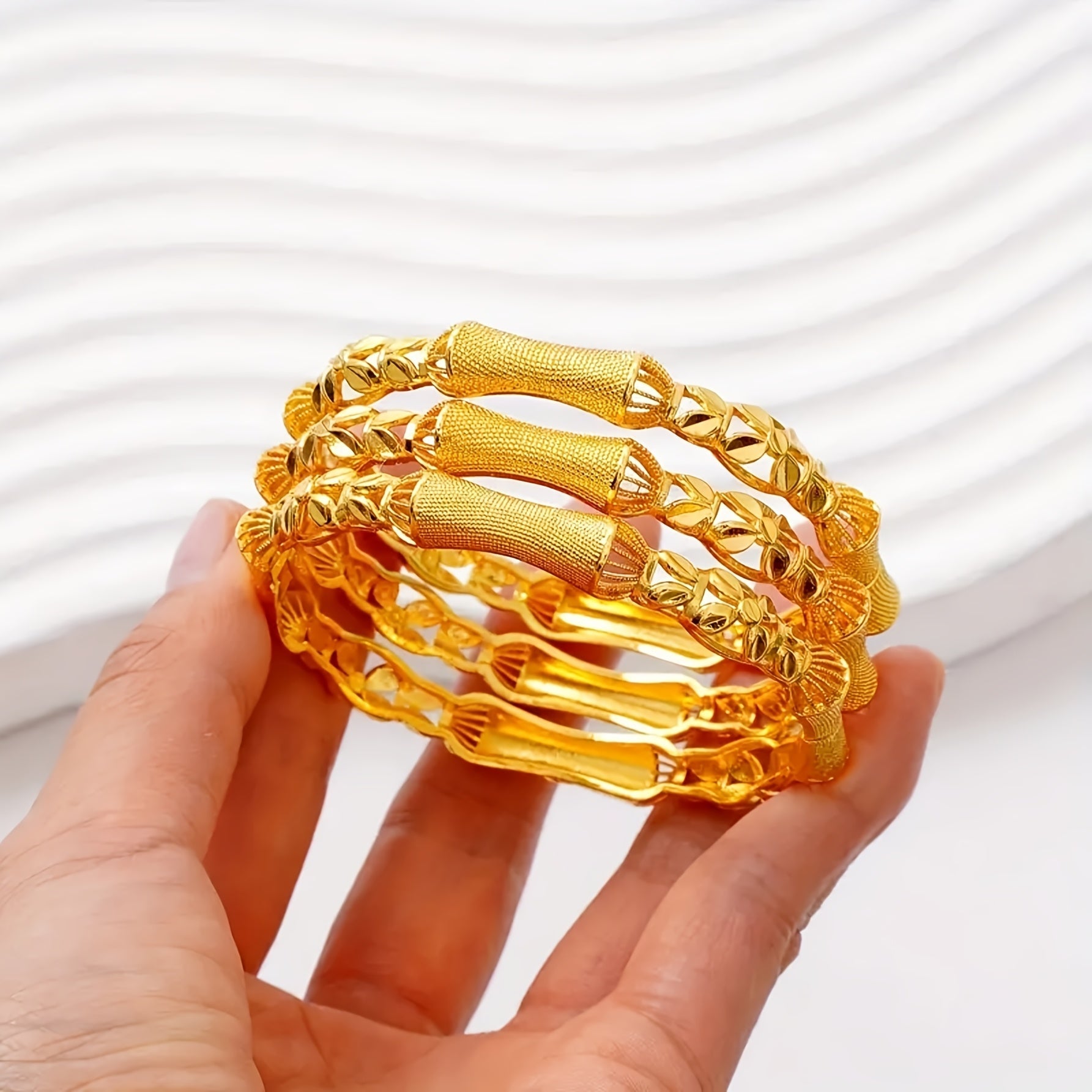 Set of Four 18K Gold-Plated Copper Tribal Style Bangle Bracelets for Women