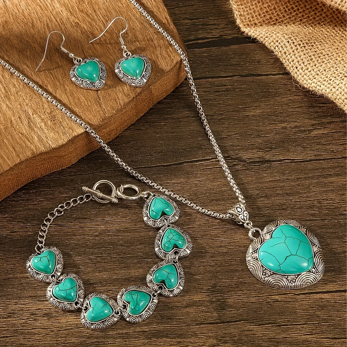 Boho Style Jewelry Set with Turquoise Inlaid Flower Design Necklace Bracelet Earrings
