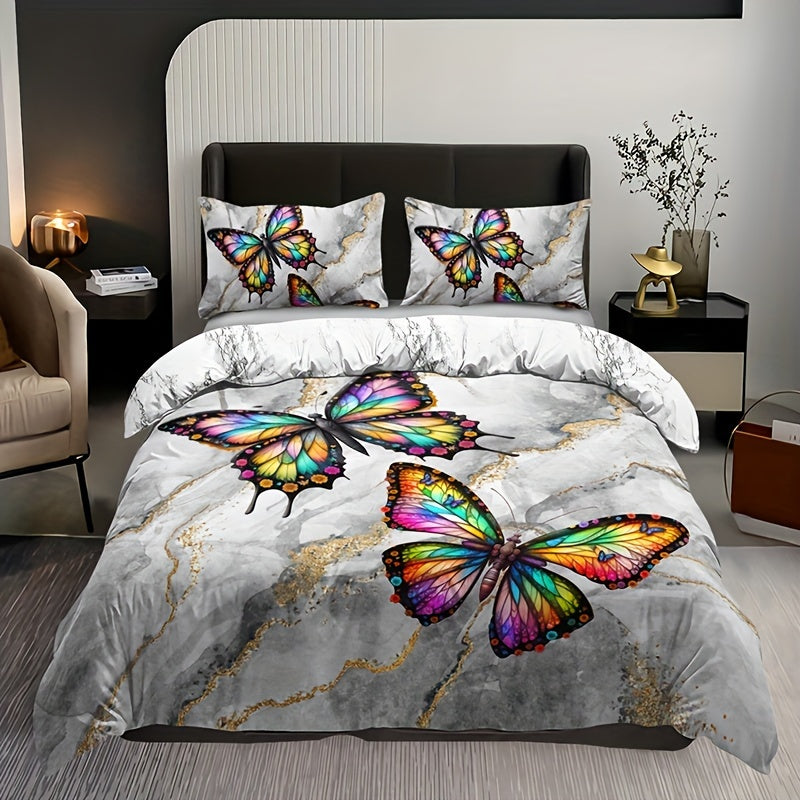 Duvet Cover Set with Marble Feather Print Soft Bedding for Bedroom and Guest Room