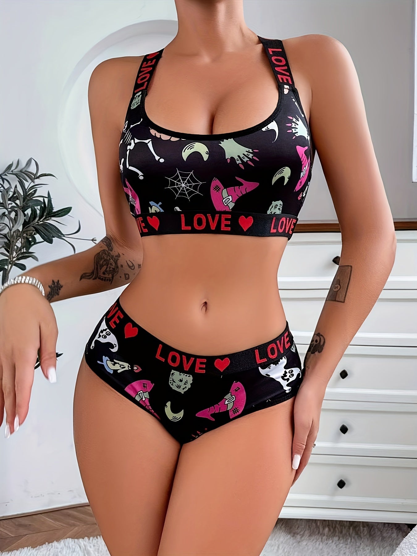 Color Block Letter Print Lingerie Set for Active Women Tank Top and Panties