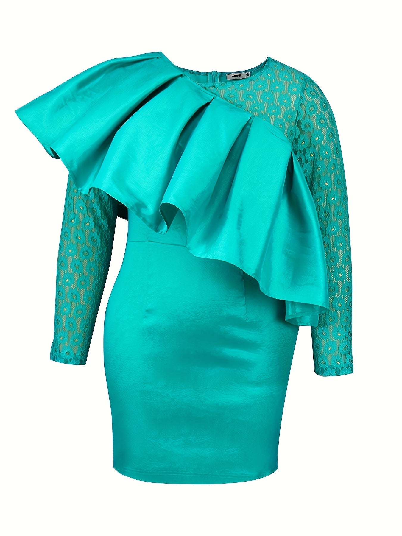 Plus Size Lace Bodycon Dress Long Sleeve Crew Neck Ruffle Trim Party Wear