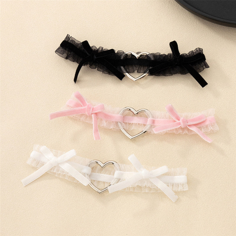 Black Lace Thigh Ring with Heart Pendant and Pink Bow for Women Elastic Leg Jewelry