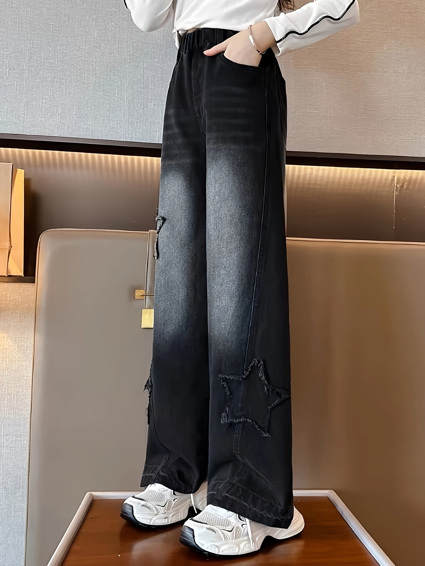 Teen Denim Jeans with Star Appliques Straight Leg Long Length Casual Street Style
