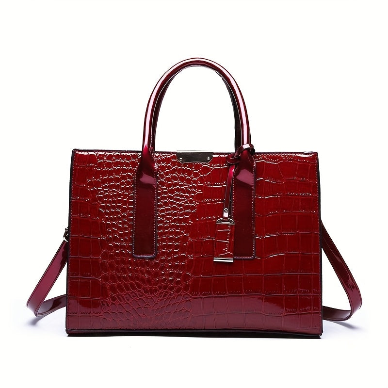 Crocodile Pattern Leather Handbag for Travel and Gifting Black Spacious Interior