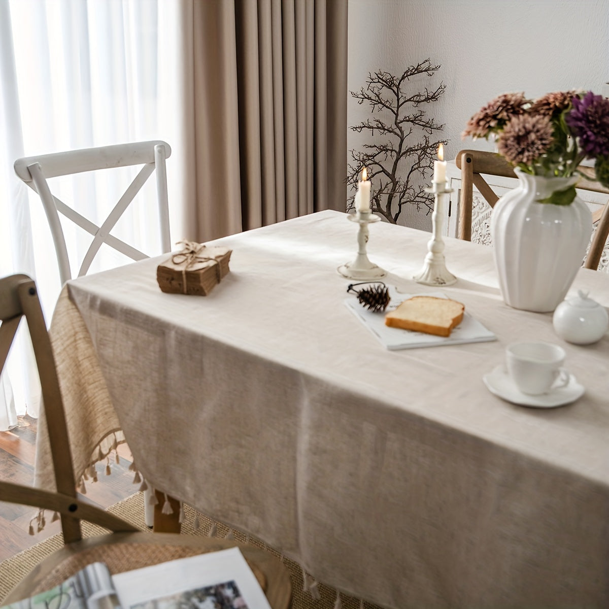 Beige Tassel Tablecloth Rectangular Polyester Blend Fringe for Dining and Coffee Tables