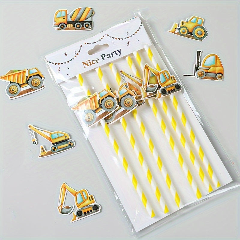 Set of 6 Construction Paper Straws Yellow Striped Engineer Vehicles Party Supplies