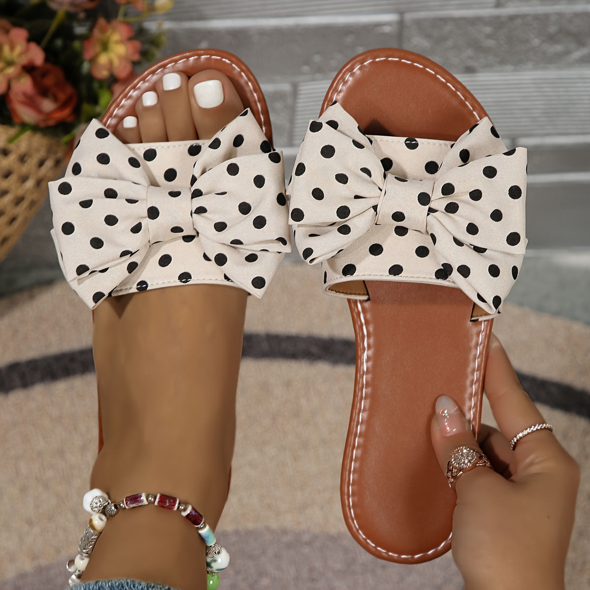 Women's Polka Dot Bow Flat Slides Soft Comfortable Dress and Home Footwear