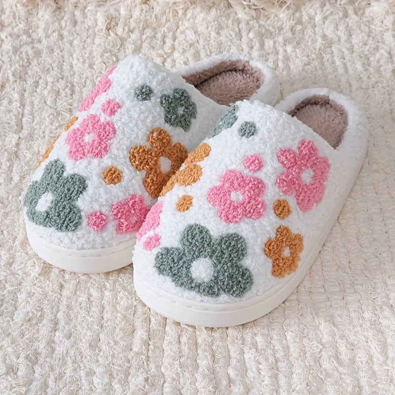 Unisex Plush Floral Slippers Warm Indoor House Shoes with Sunflower Design