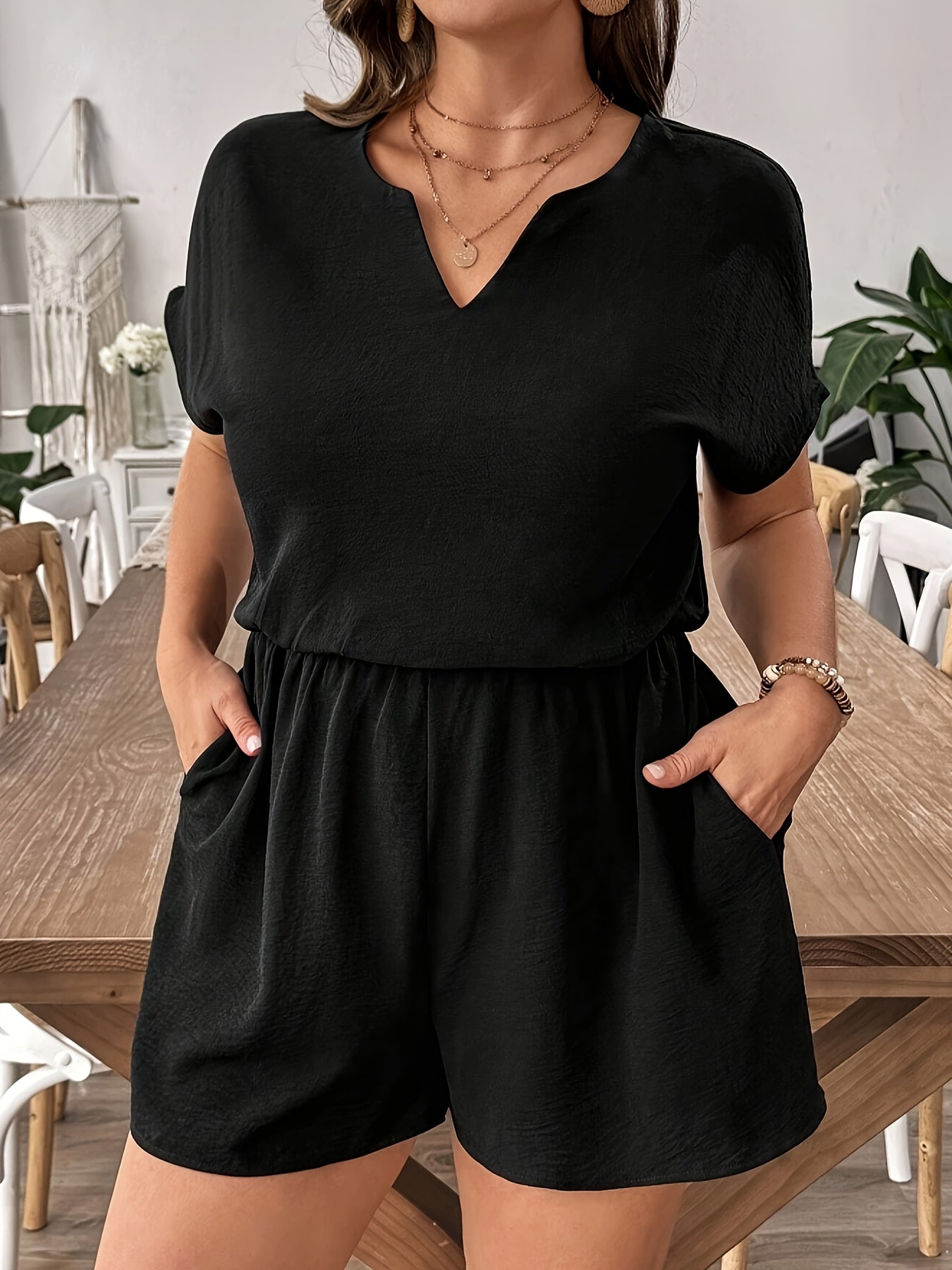 Plus Size Women's Black V-Neck Shorts Romper All-Season Casual