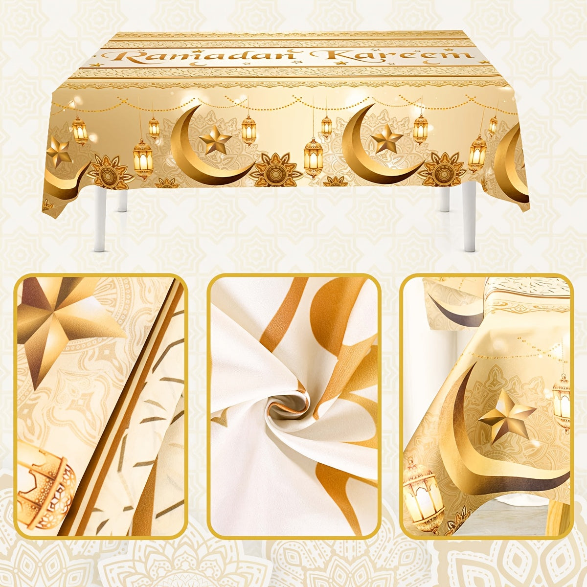 1 dona Oltin Polyester Ramazon Stol usti, Oydin chiroq va gullar dizayni bilan, Eid bayrami davomida uy oshxonasini bezash uchun mukammal.