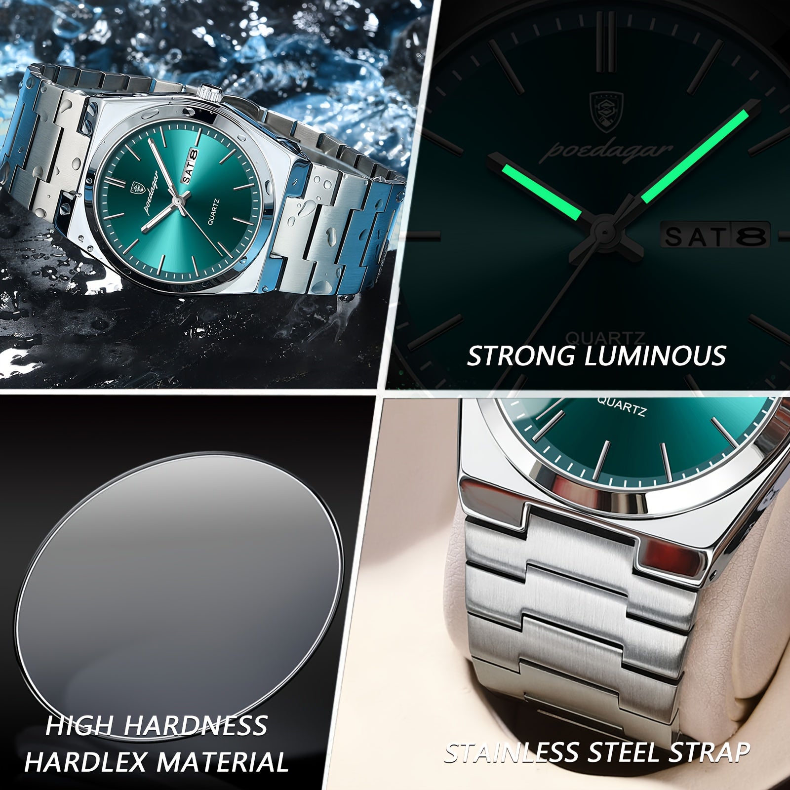 Men's Stainless Steel Quartz Watch with Luminous Dial and Calendar Business Casual