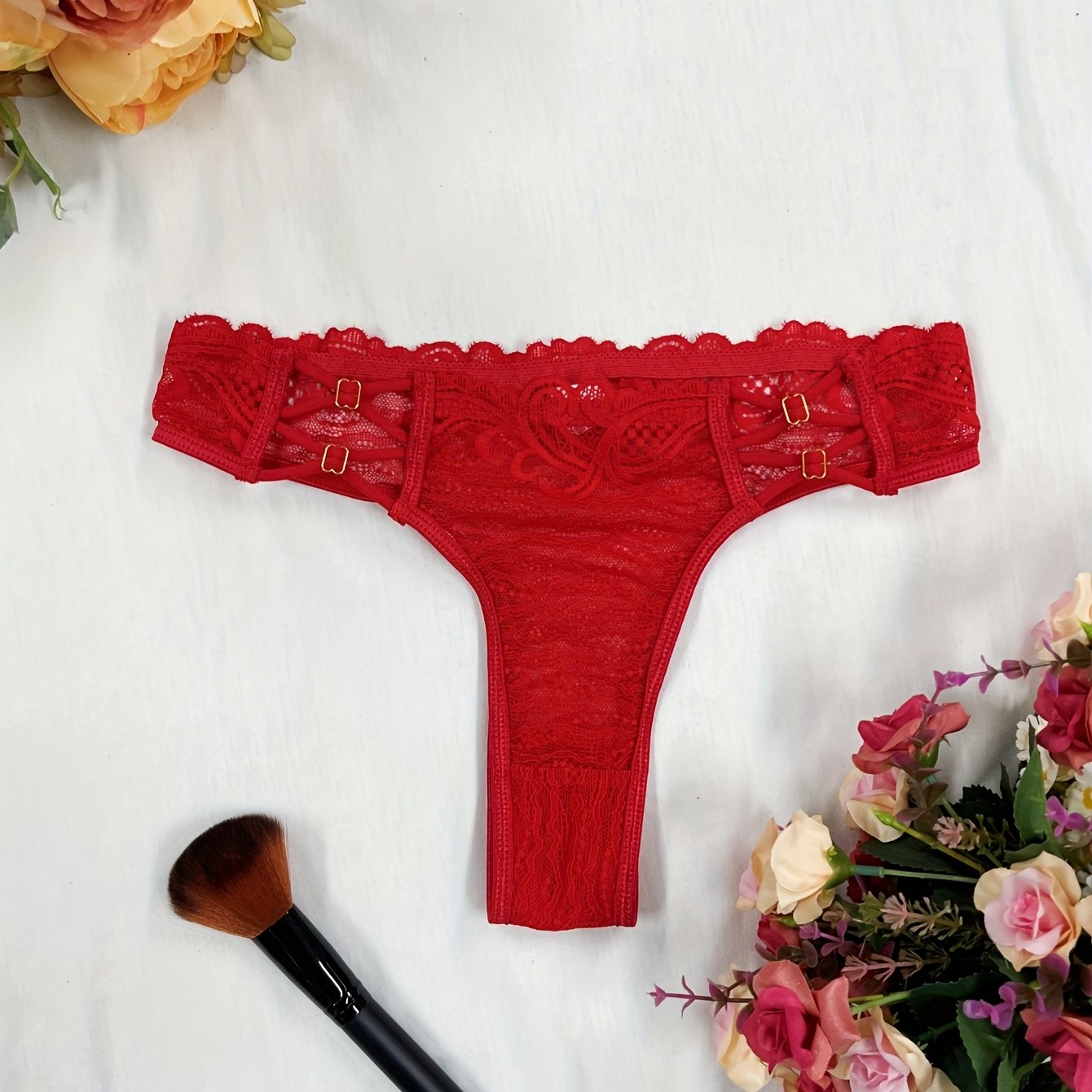 Women's Red Lace Thong Panties with Floral Pattern and Scalloped Trim