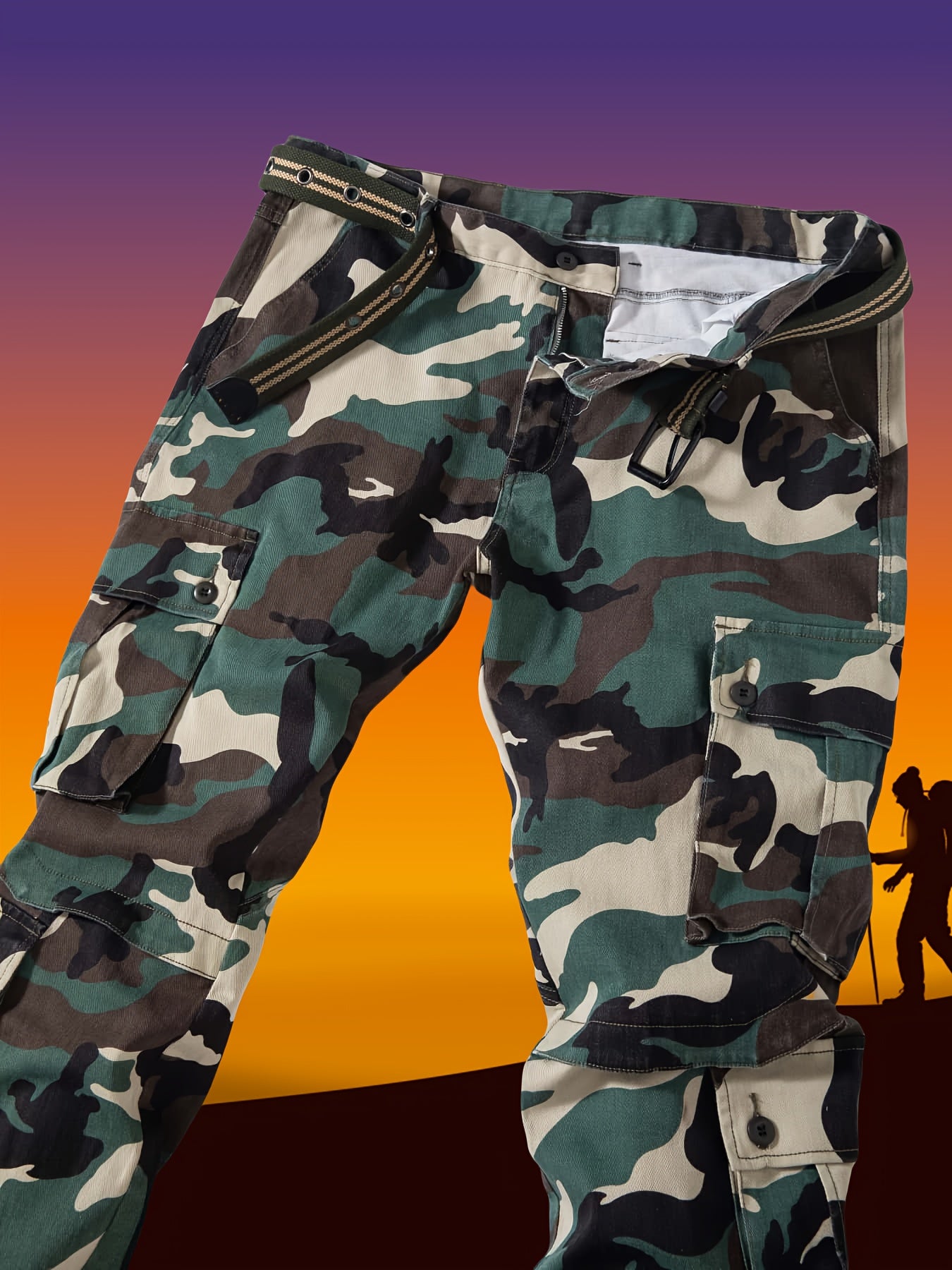 Pantalones cargo de talla grande para hombre con estampado de camuflaje, múltiples bolsillos y cintura con cordón en camuflaje verde militar