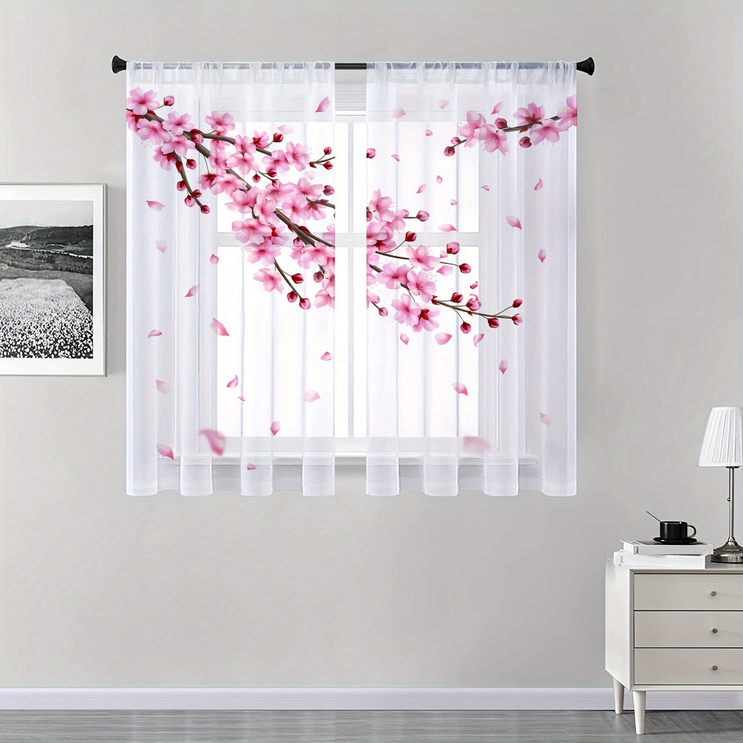 Par de cortinas de cerezo en flor con bolsillo para barra, diseño de pétalos caídos para decoración del hogar