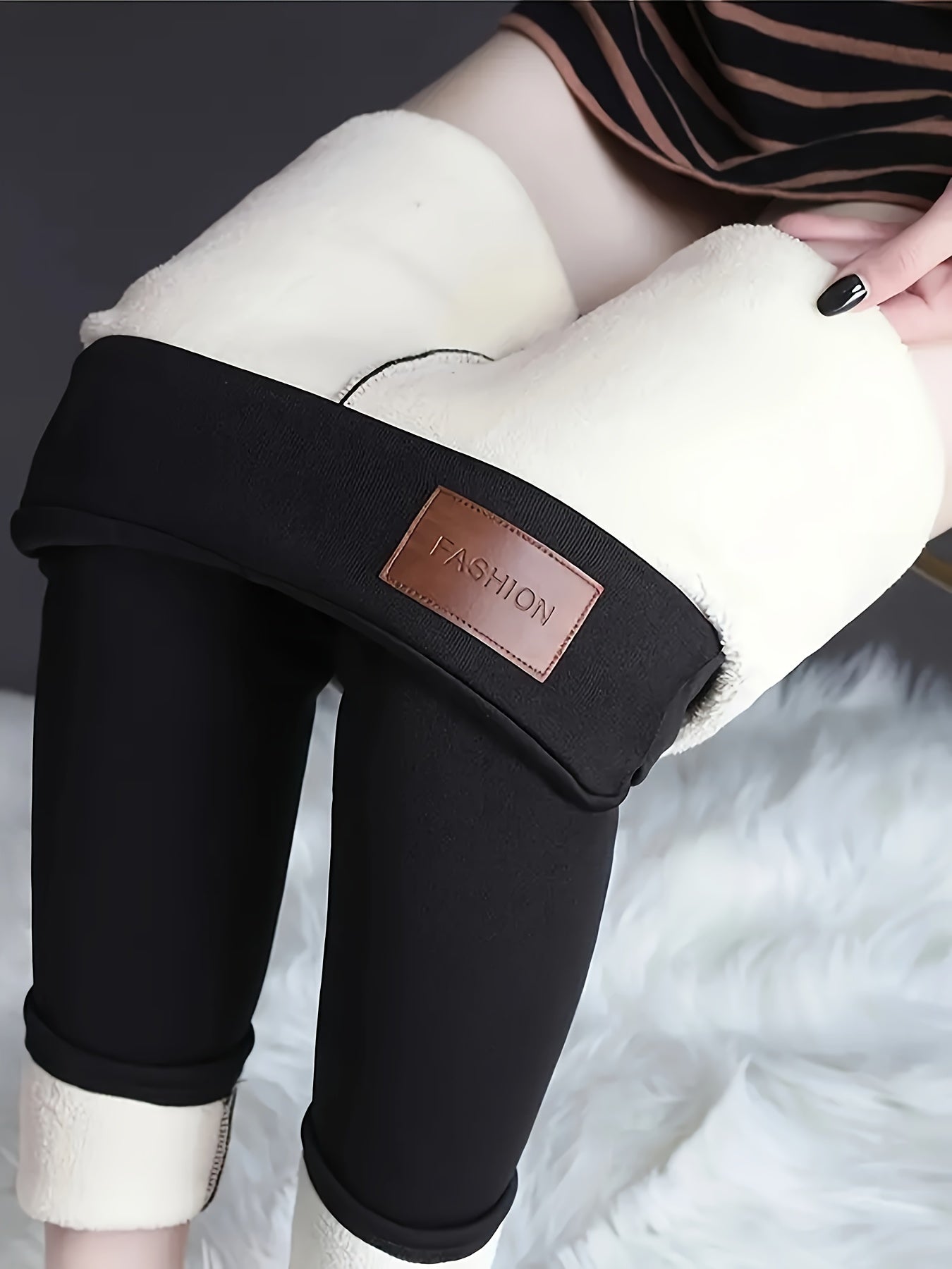 Women's Plus Size Fleece-Lined High Waist Winter Leggings Polyester Stretch Pants