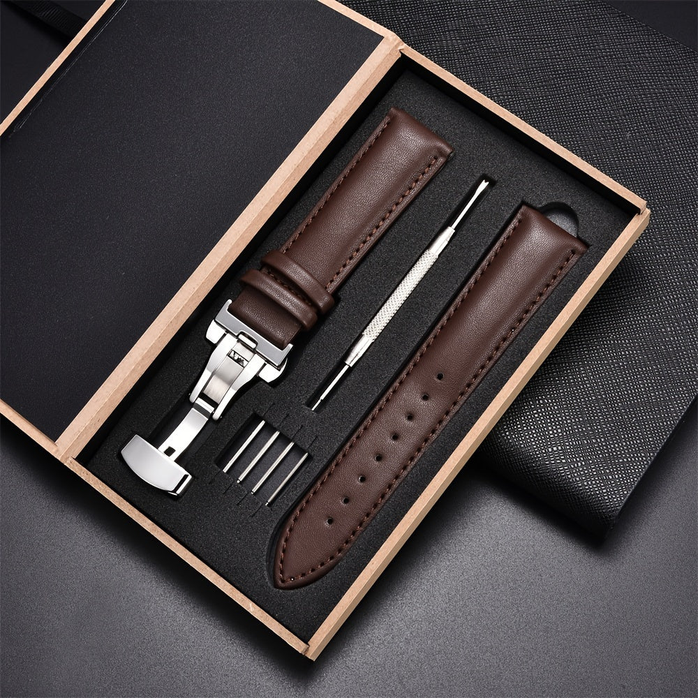 Men's Casual Watch Straps with Butterfly Clasp Soft PU Leather Bands 18mm 20mm 22mm 24mm Gift Box