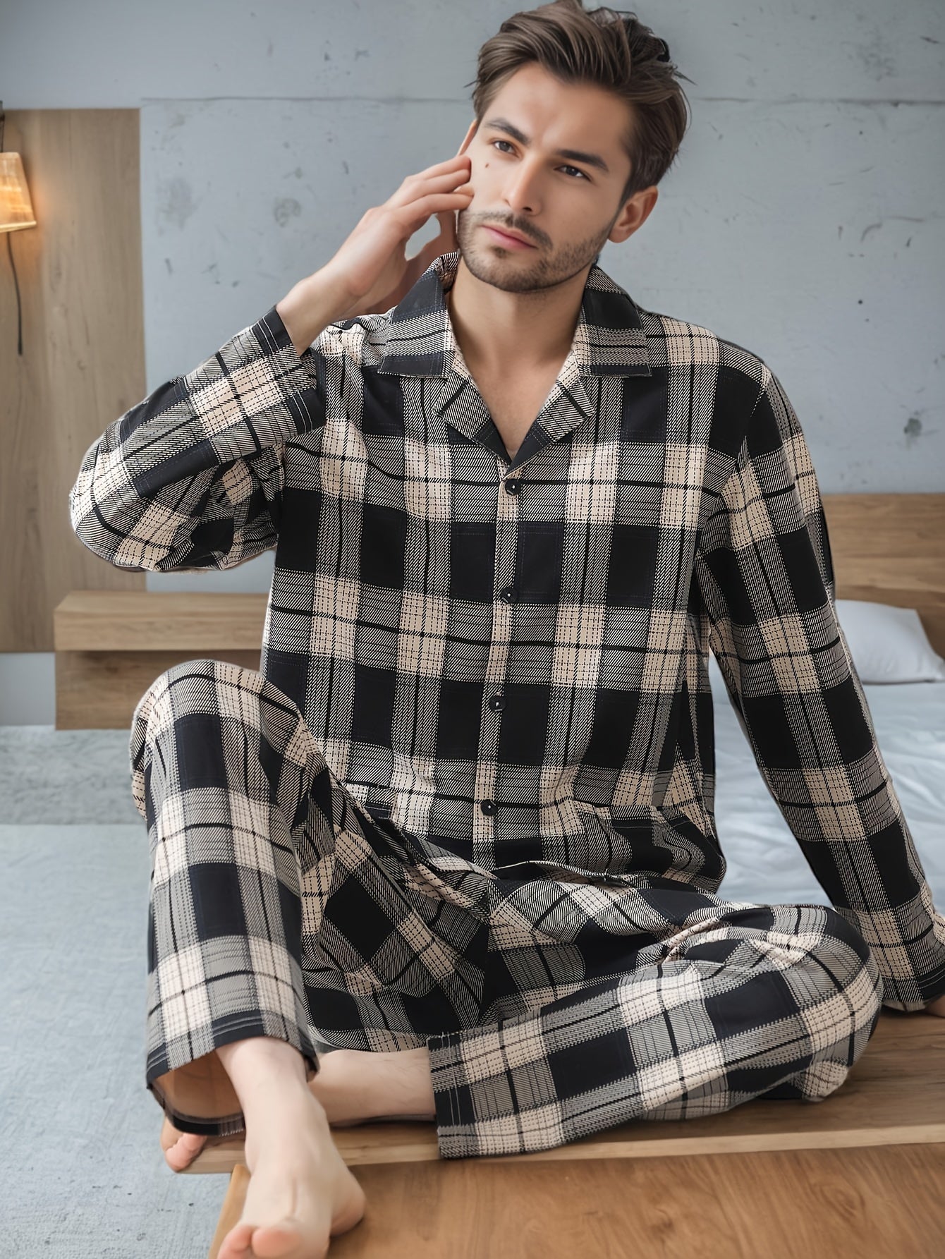 Men's Plaid Pajama Set Long Sleeve Lapel Collar Casual Spring Fall Polyester Elastane