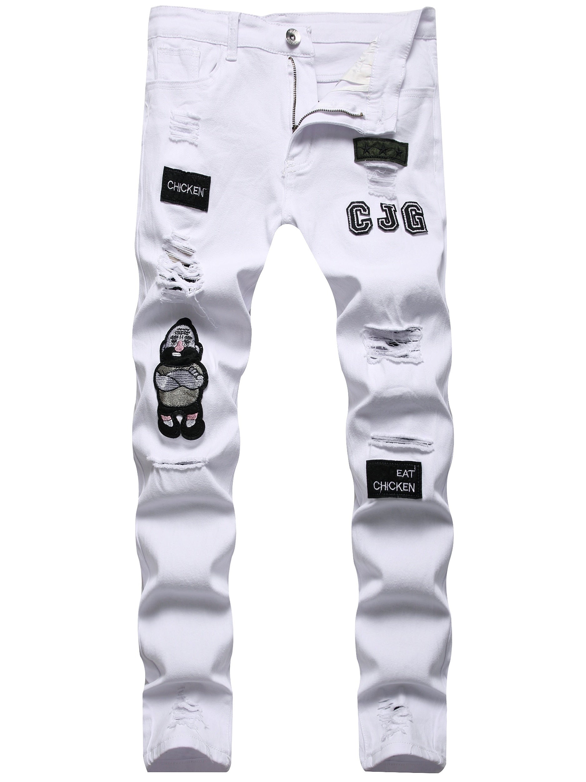 Vaqueros de mezclilla de corte ajustado para hombre con elastano, rotos, con detalles de insignias, lavado medio gris