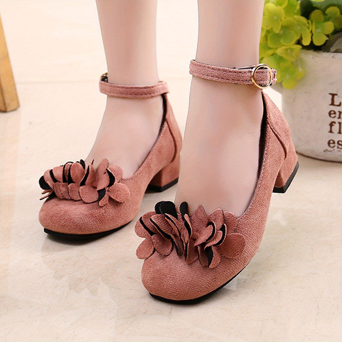 Girls Princess Heels with Flowers Tassel Block Heel PU Upper Rubber Sole for Spring Fall Age 14 and Under