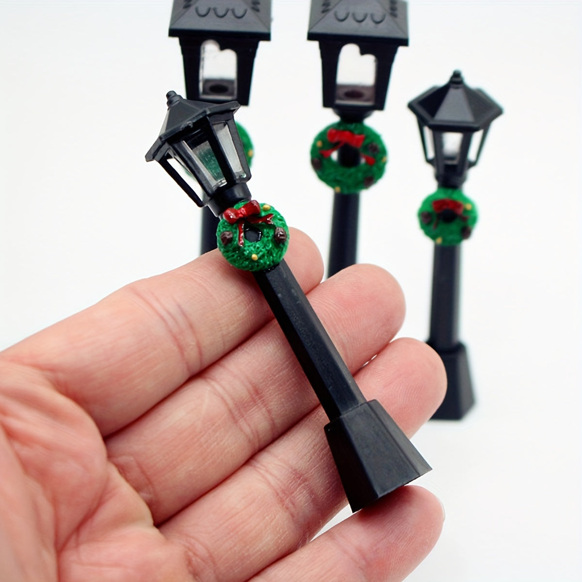 Miniature Christmas Lamp Posts with Wreaths Set of 3 Plastic Seasonal Figurines No Electricity