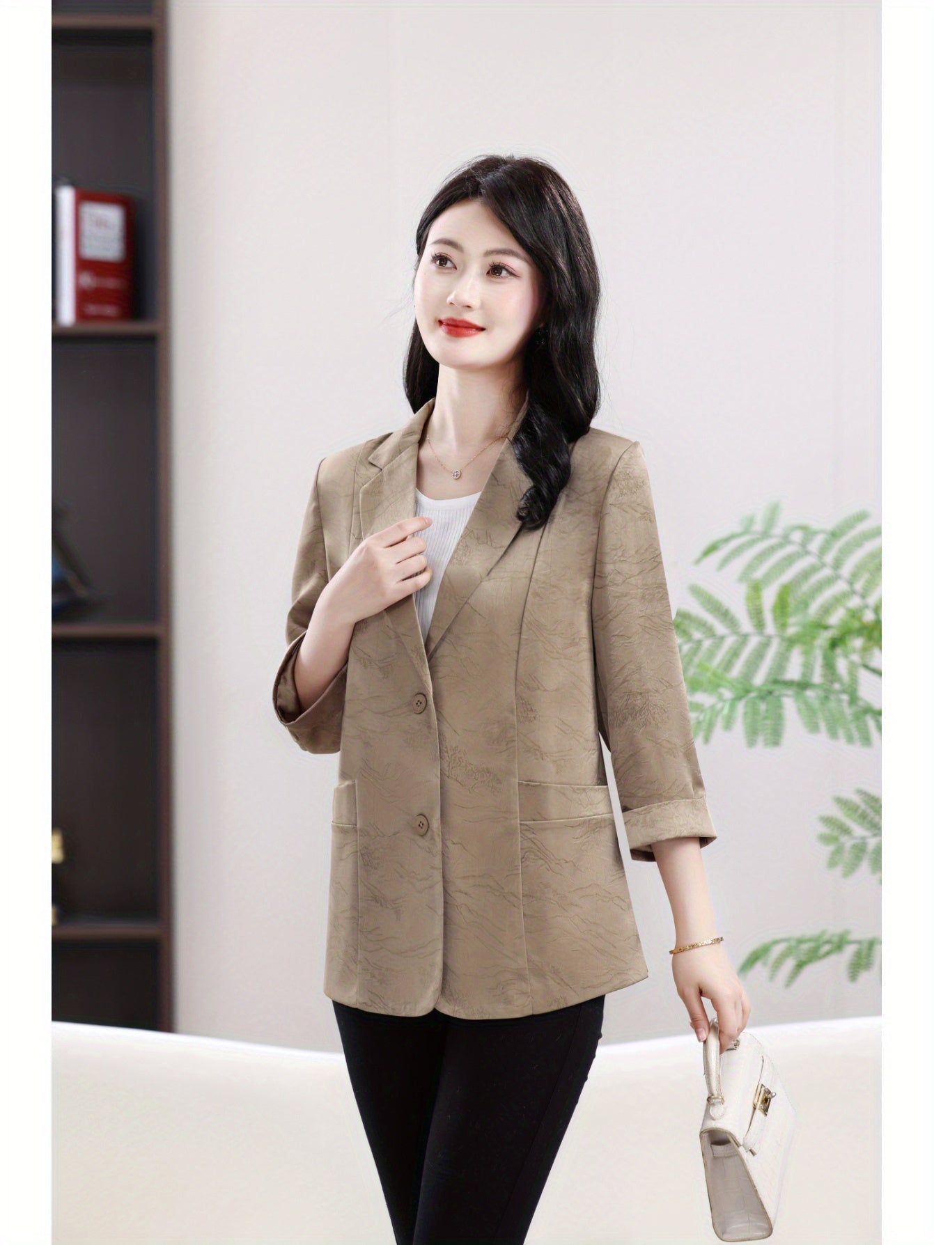 Plus Size Women's Blazer Three-Quarter Sleeve Elegant Slim Fit Caramel Khaki Coffee