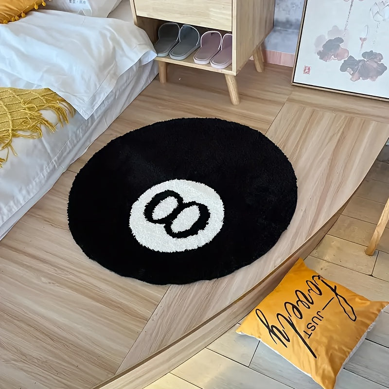Black Round Rug Plush Bathroom Mat 8-Ball Pattern Non-Slip Floor Decor