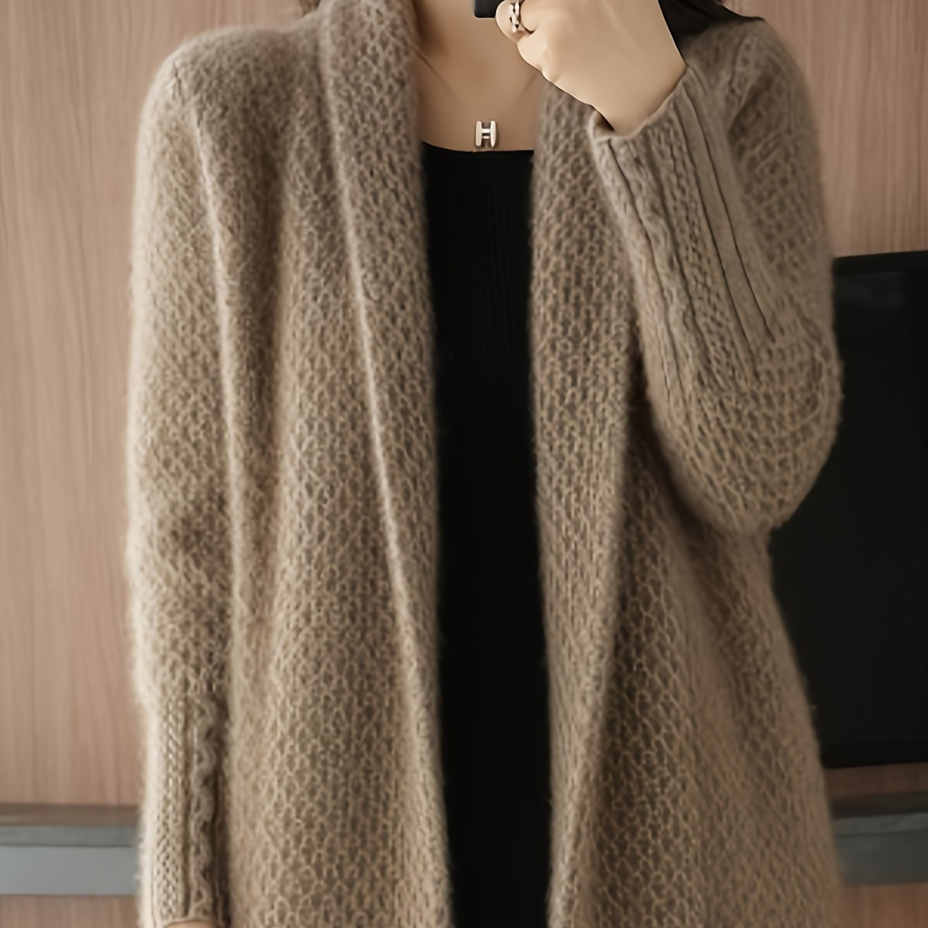 Women's Long Cardigan Sweater Knit Fabric Over-the-Knee Solid Color Autumn Winter