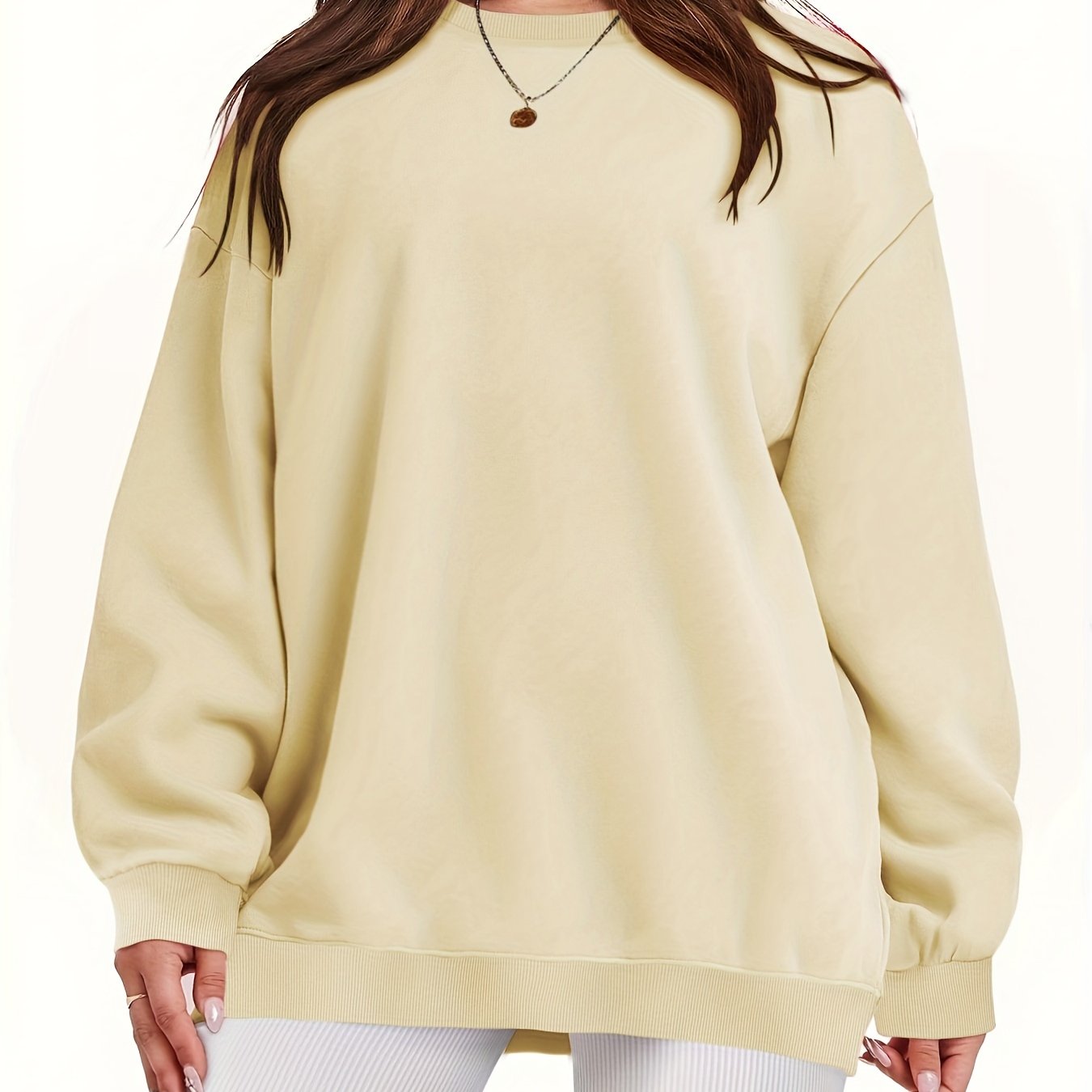 Plus Size Women's Solid Long Sleeve Crew Neck Sweatshirt Casual Fall Spring