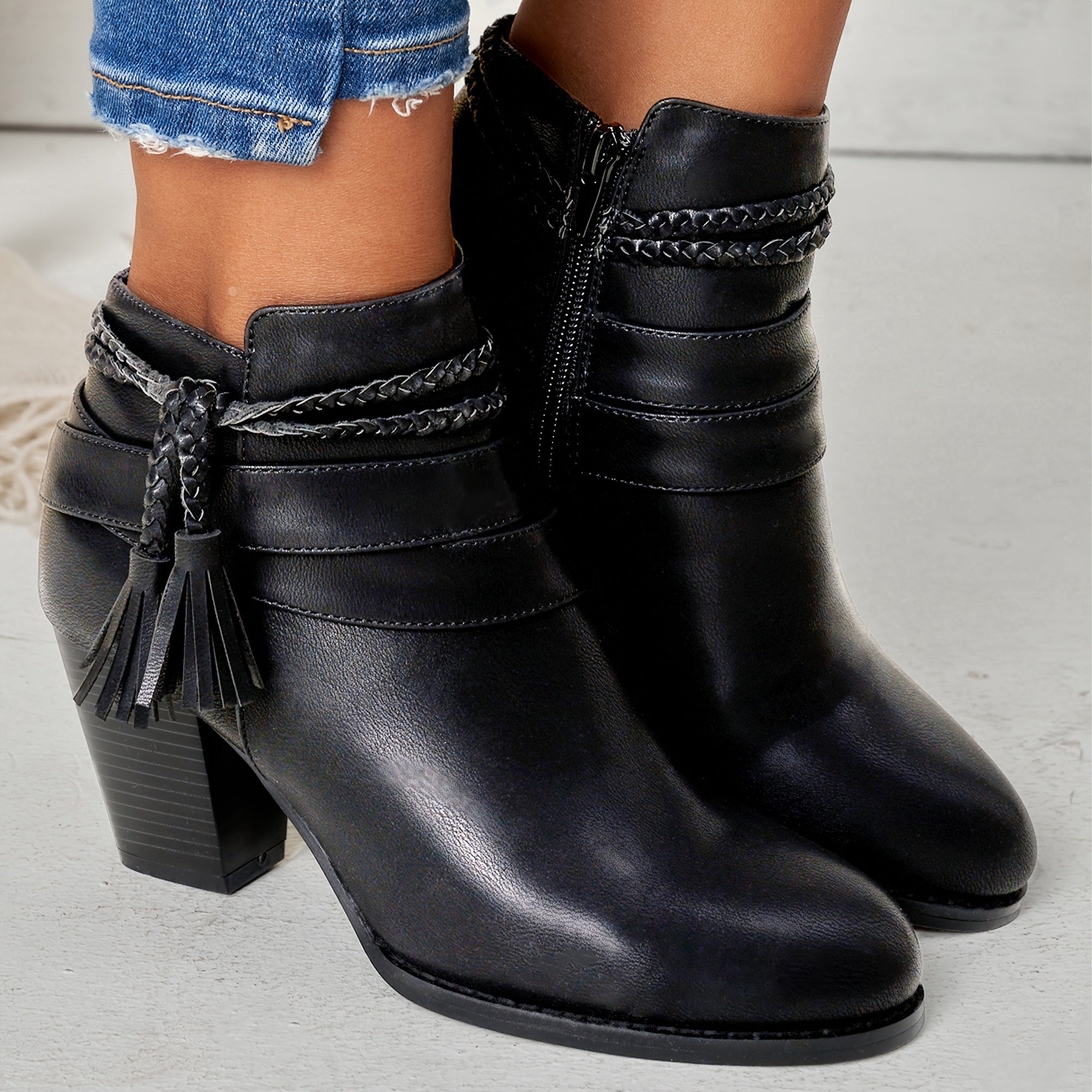 Women's Black Ankle Boots With Tassel Decor Chunky Heel Cold Weather
