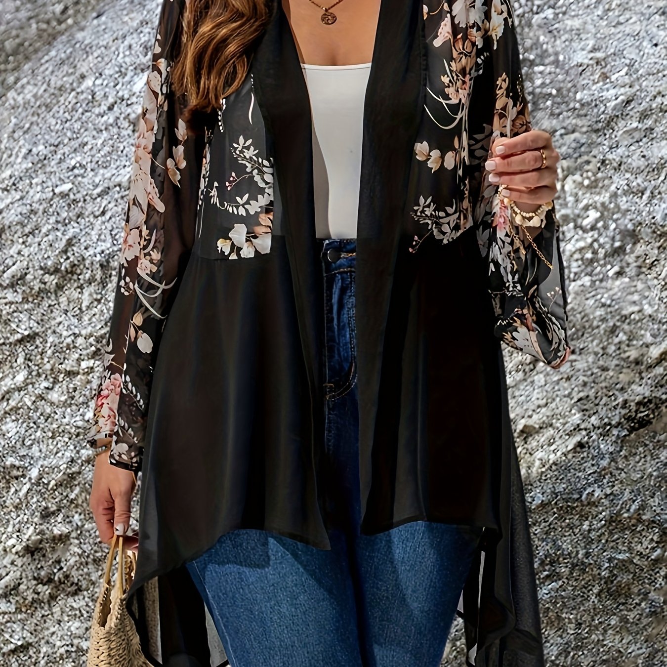 Women's Plus Size Boho Floral Print Cardigan Lightweight Rose-Style Open Front