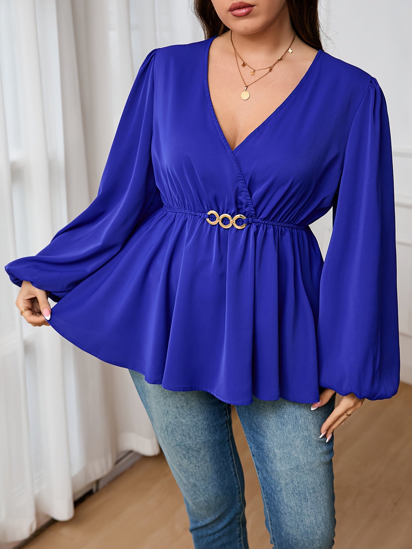 Women's Plus Size V-Neck Lantern Sleeve Blouse Stretchy Polyester Spandex