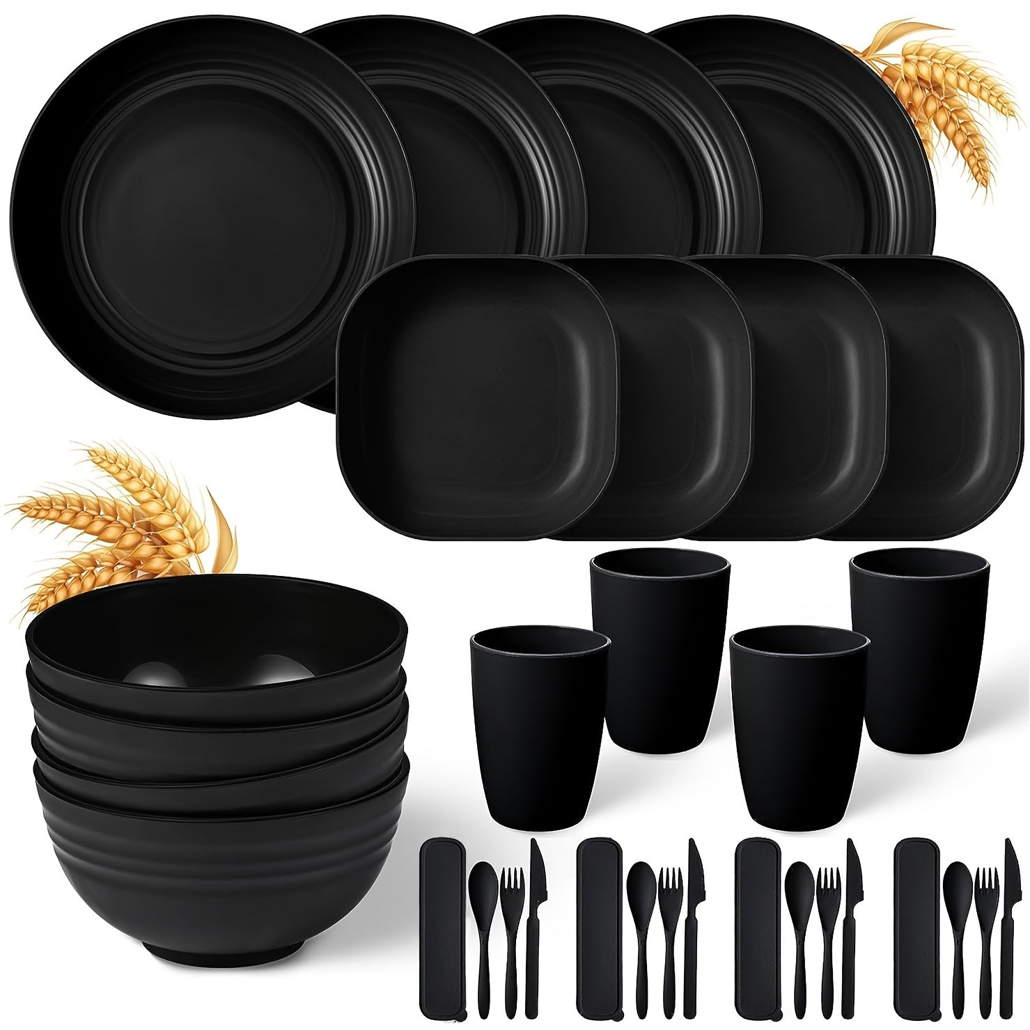 32-Piece Unbreakable Microwave-Safe Camping Cutlery Set with Plates Bowls Cups
