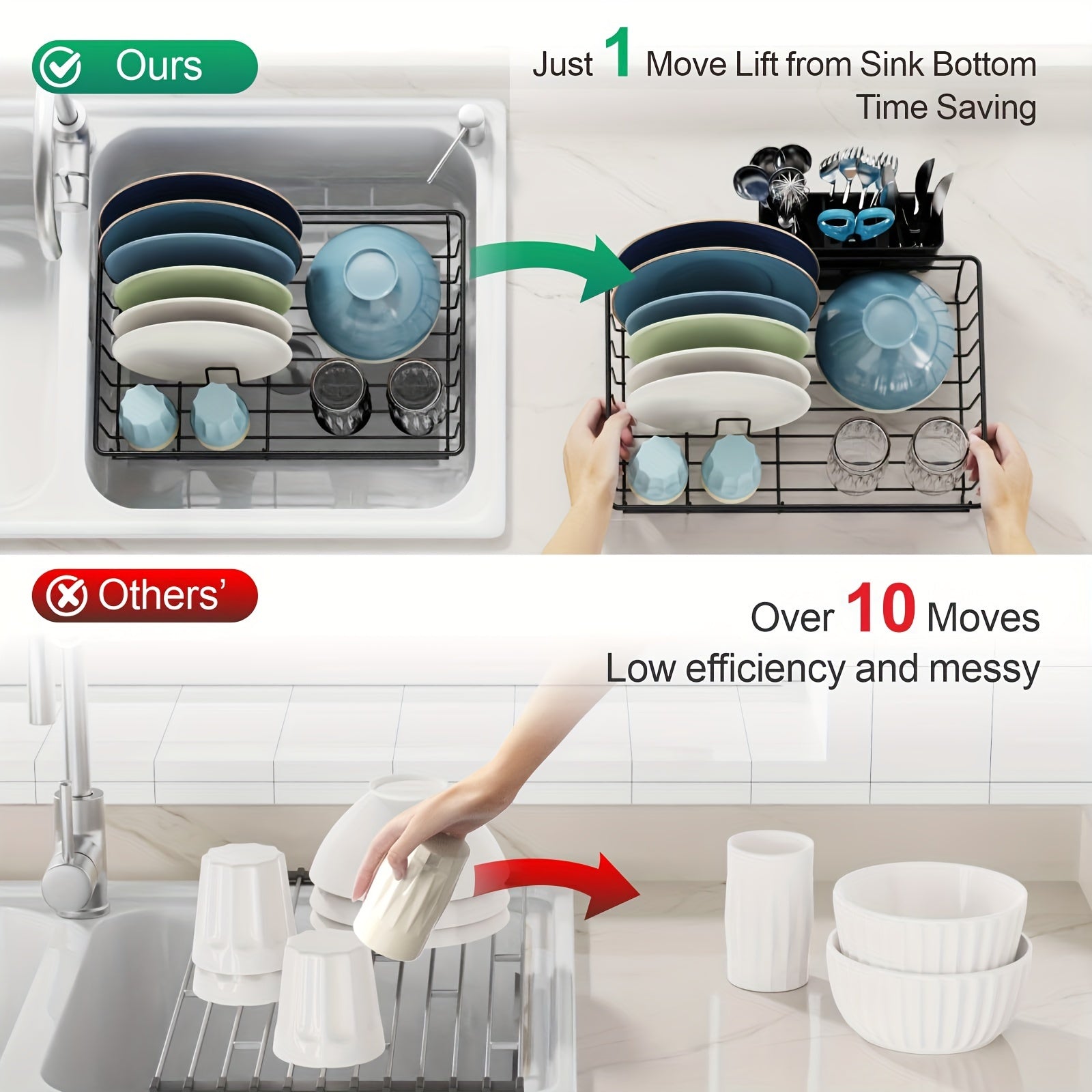 Estante de secado de platos de una sola capa con soporte para utensilios y vertedor de drenaje para encimera de cocina
