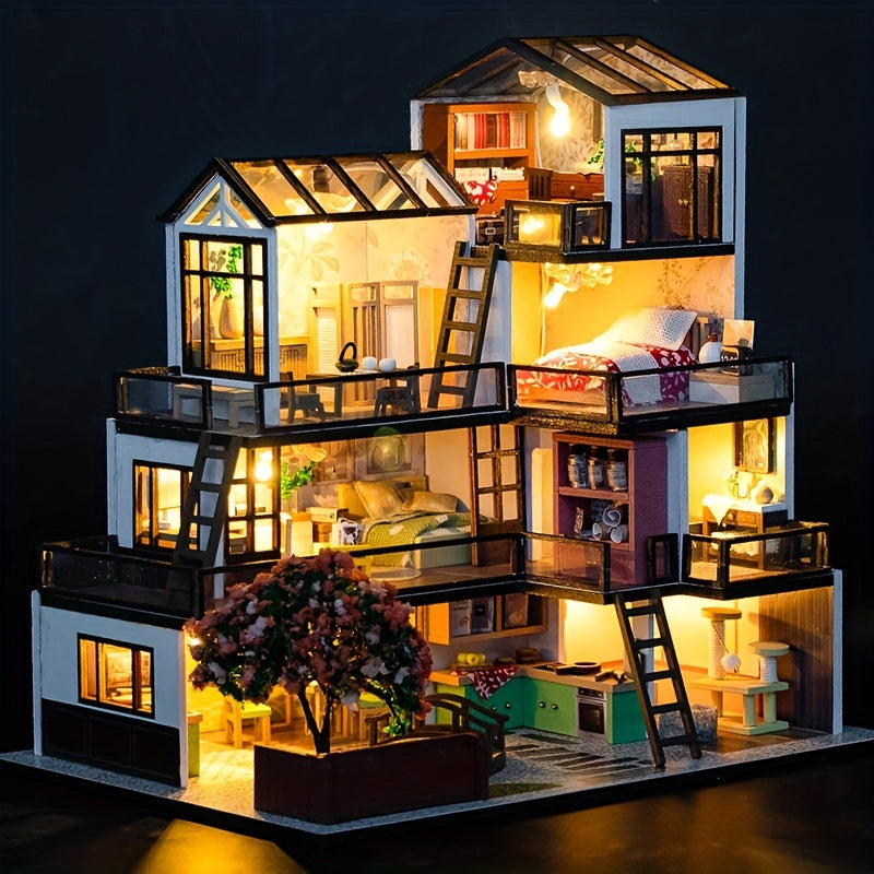 Kit de casa de muñecas en miniatura con luces LED y muebles para adolescentes y adultos