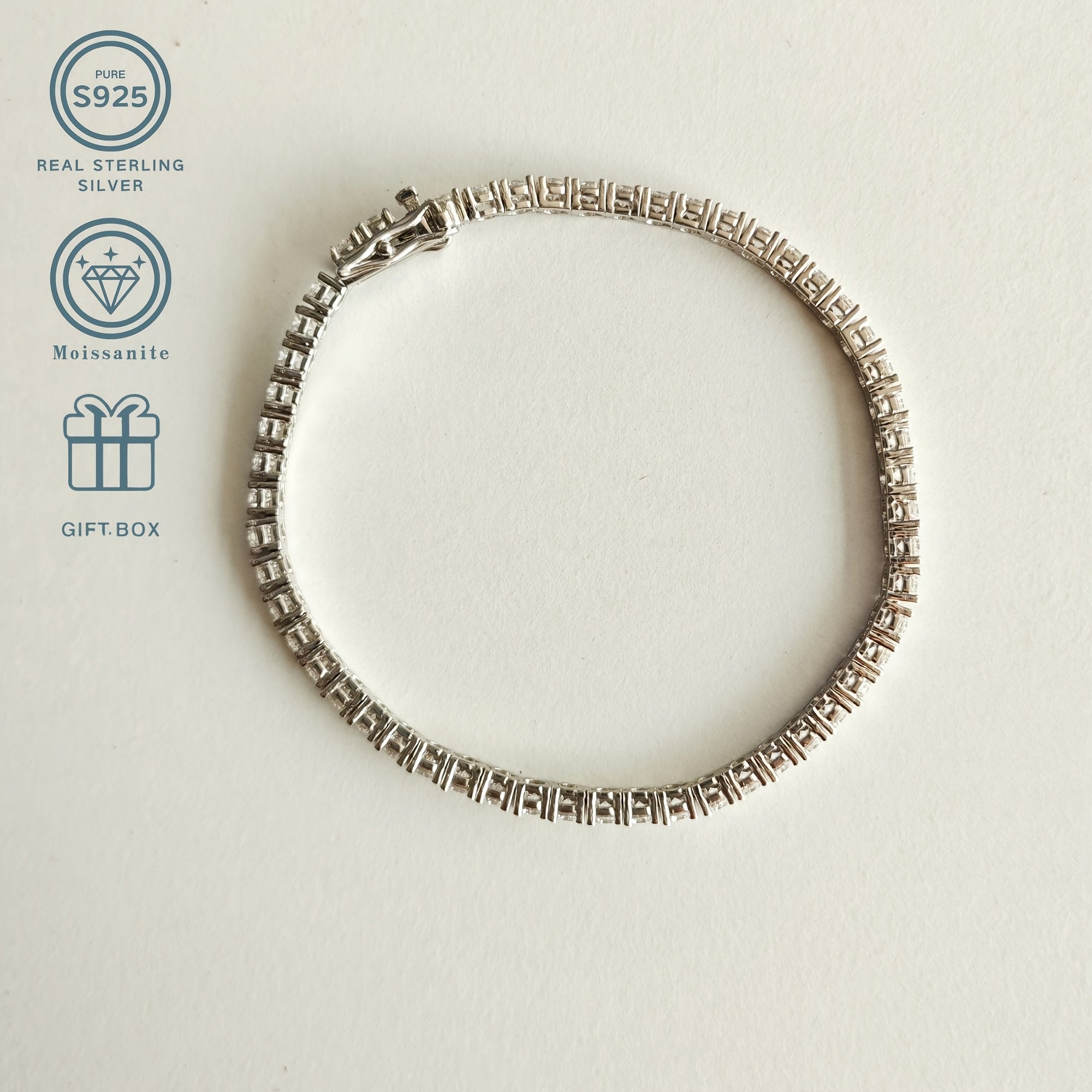 Silver Tennis Bracelet with 0.1 Carat D-Grade White Moissanite December Birthstone Platinum Plated