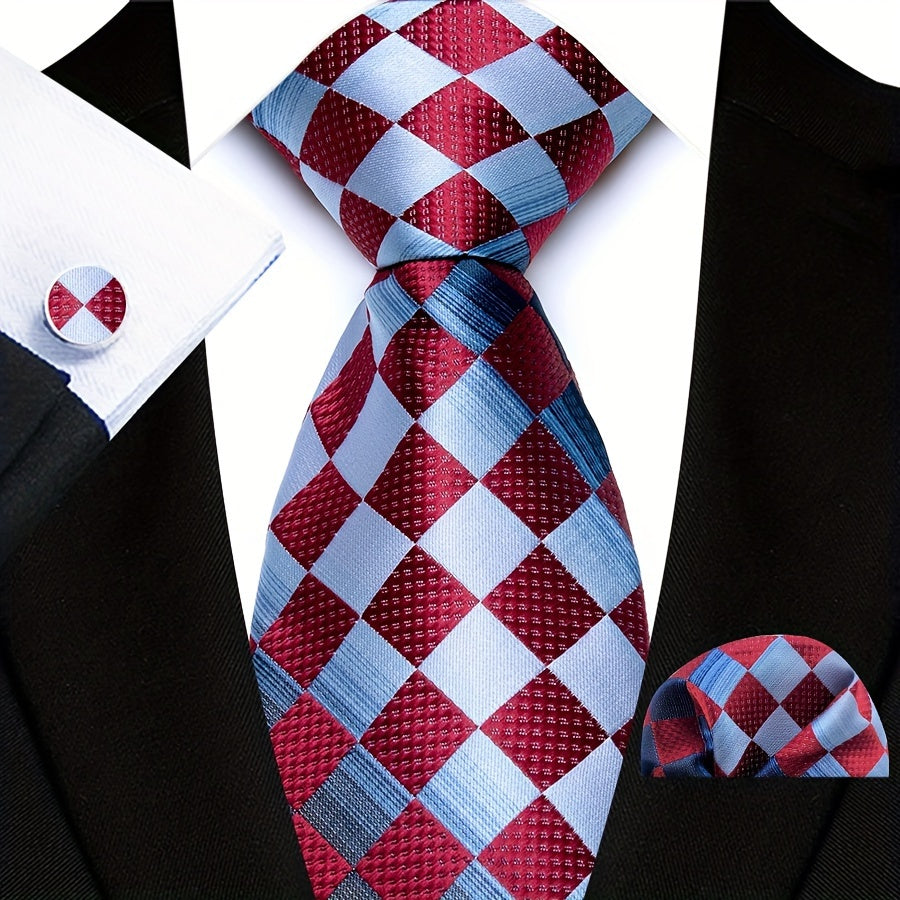 Men's Plaid Pattern Tie Pocket Scarf Cuff Set for Suits Gift