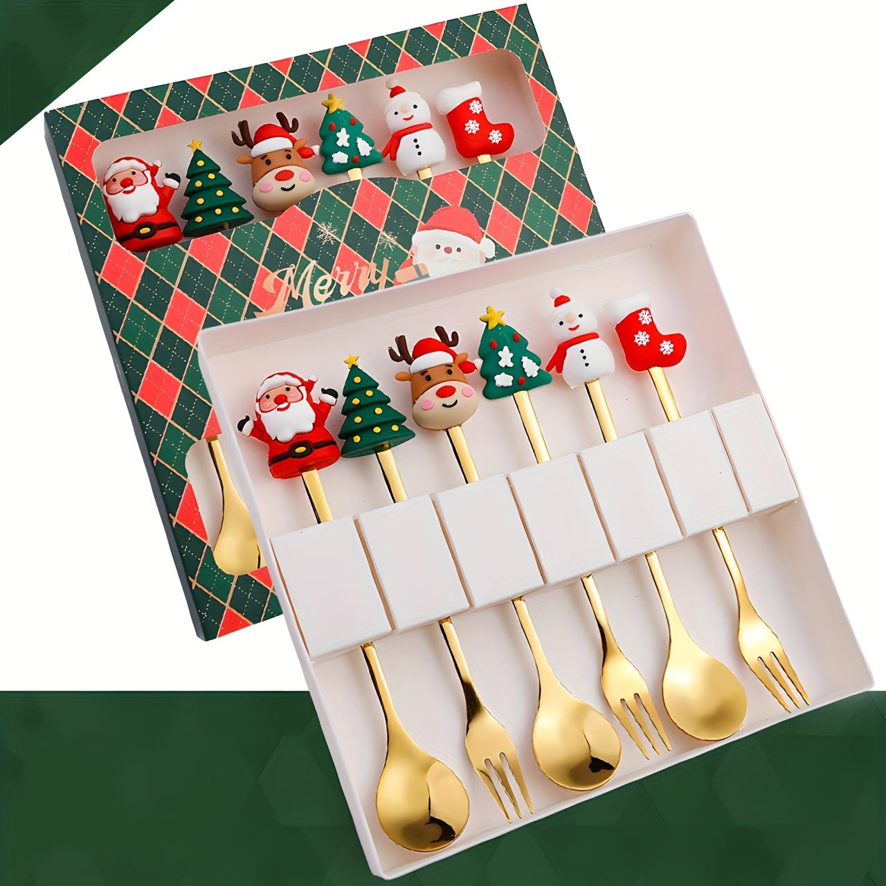Christmas Themed Stainless Steel Cutlery Set 4 or 6 Pieces Gift Box for Desserts and Coffee