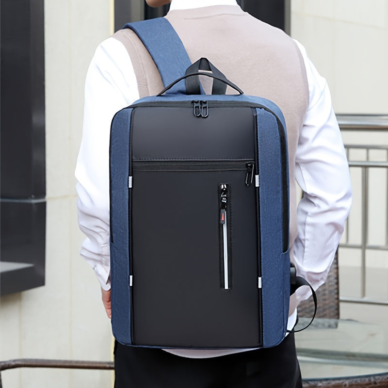 Men's Blue Nylon Backpack with Laptop Compartment USB Charging Port and Adjustable Straps