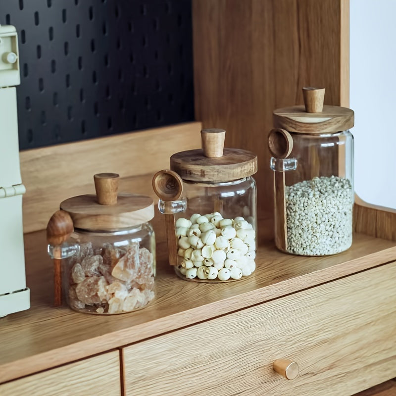 Glass Storage Jar with Acacia Wood Lid and Spoon for Kitchen Food Spices Nuts Candy Airtight Container