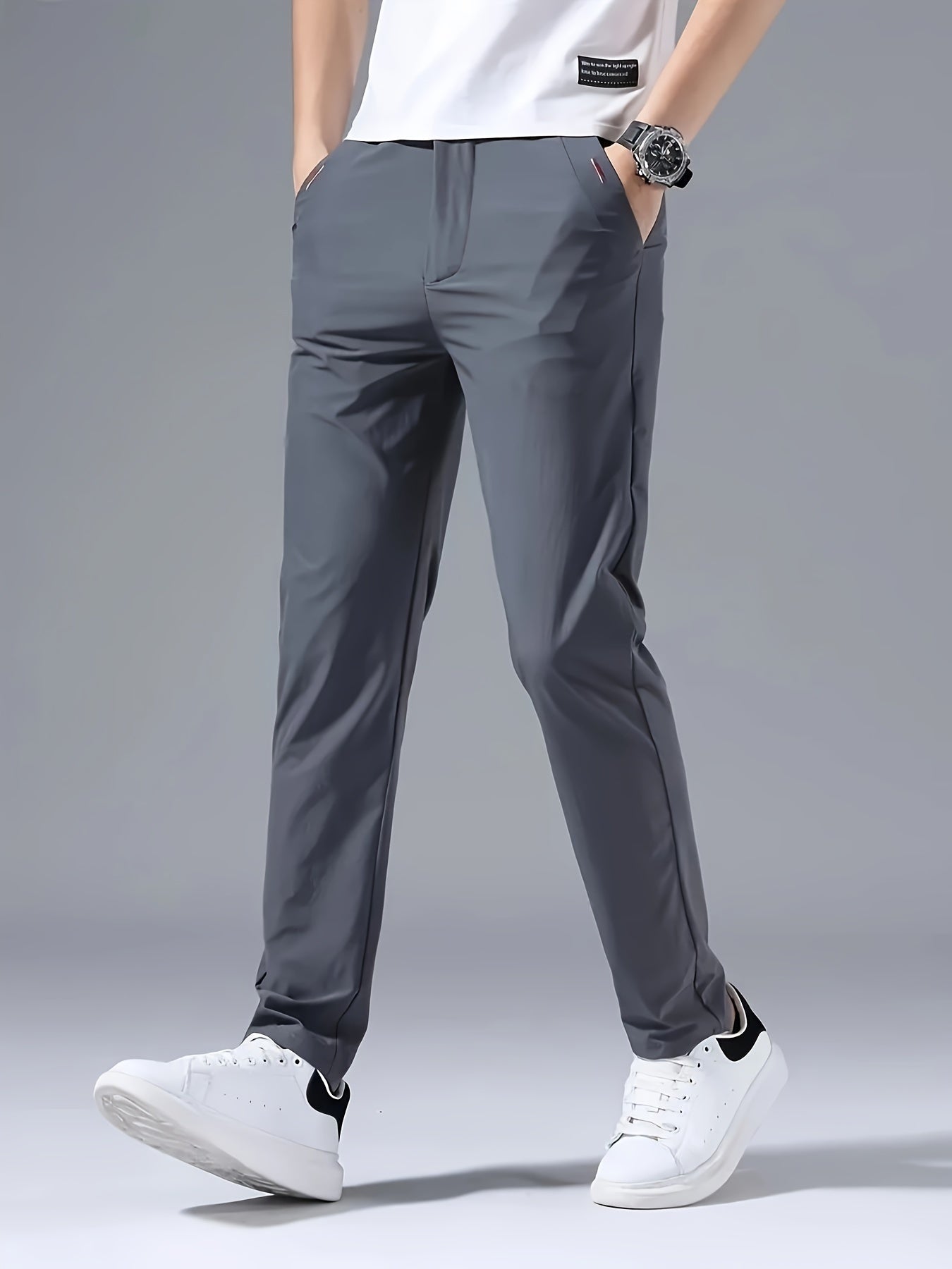 Men's Slim Fit Casual Pants Nylon Fabric Zipper Waist Pockets Embroidered Summer
