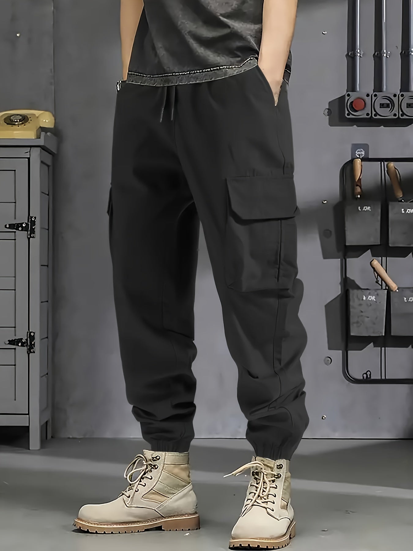 Men's Polyester Cargo Pants with Multiple Pockets, Casual and Workwear, Plus Sizes