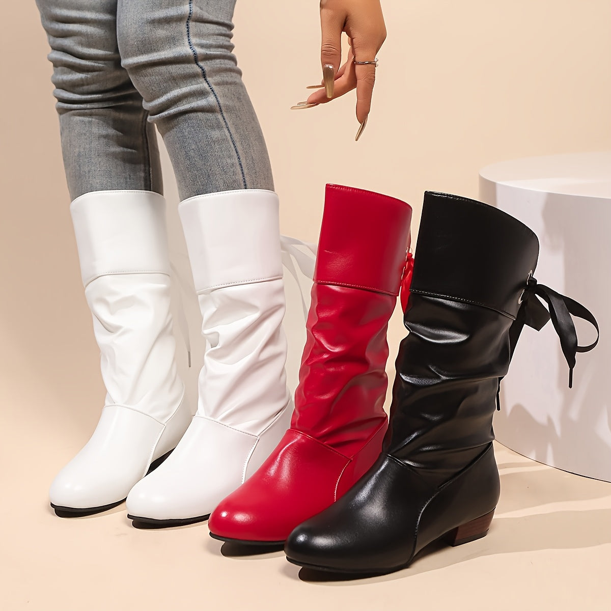 Women's Mid-Calf Lace-Up Boots Solid Color Round Toe Block Heel