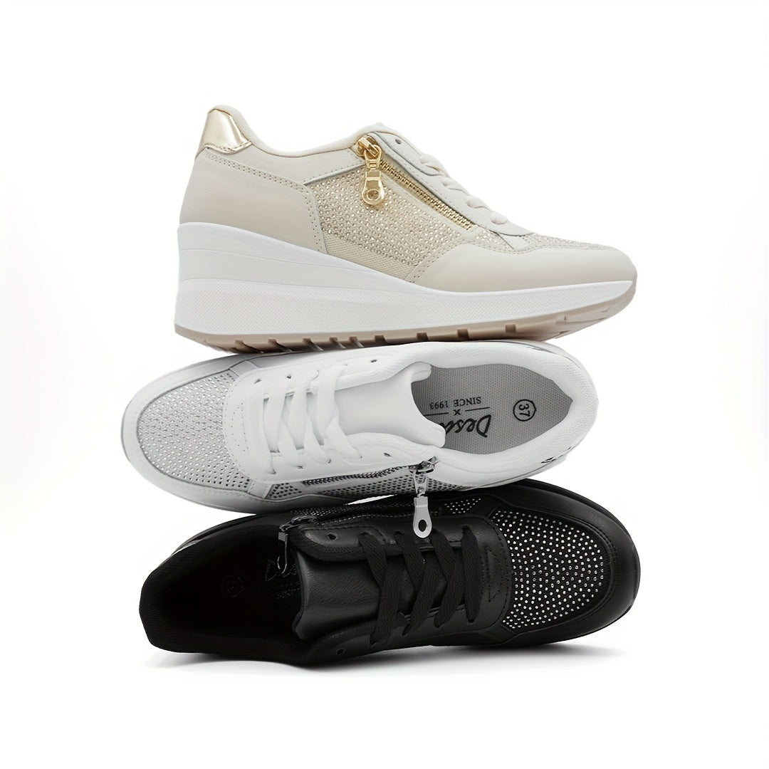 Ladies' Non-Slip Lace-Up Casual Sports Shoes with Zipper and Sequins