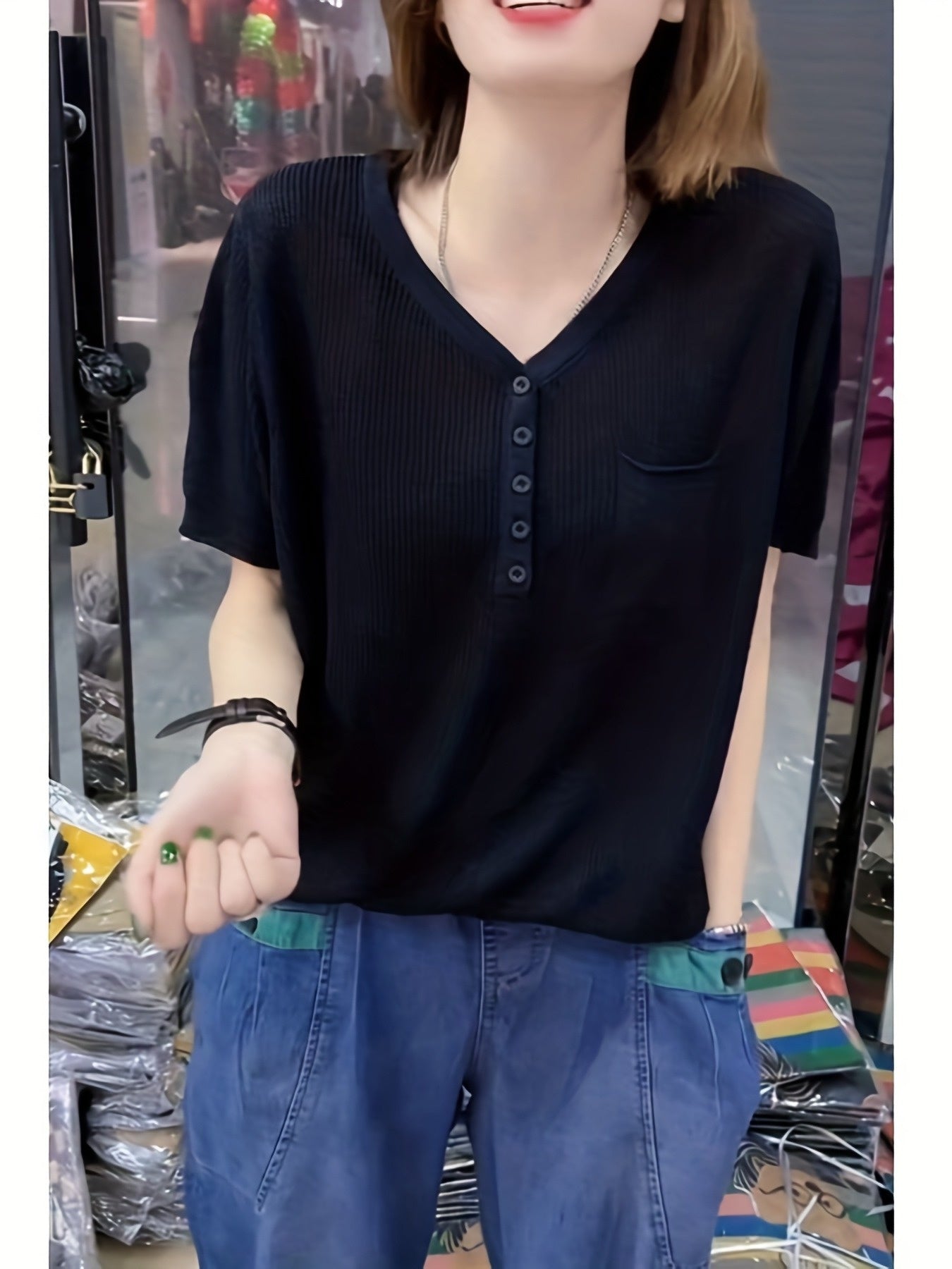 Women's Plus Size Stretchy V-Neck T-Shirt Navy Blue Casual Top